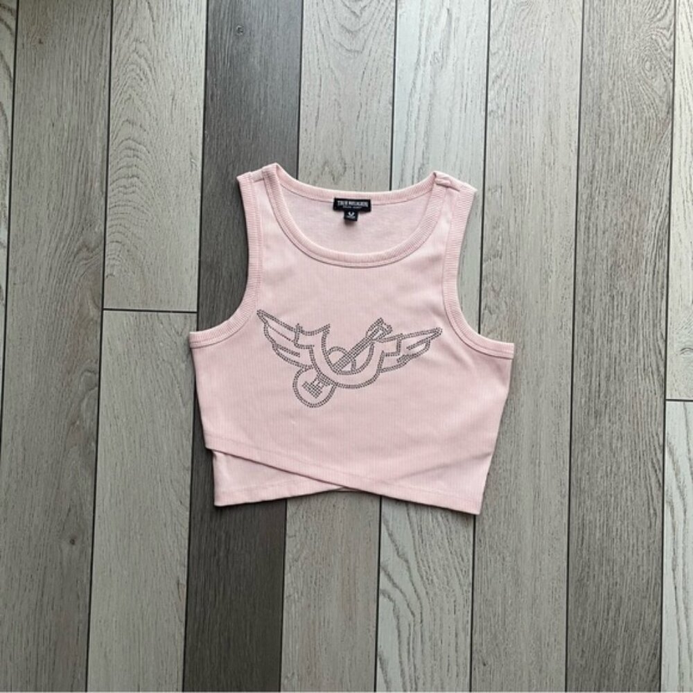 True Religion Pink Ribbed Crop Top with Embellished Design